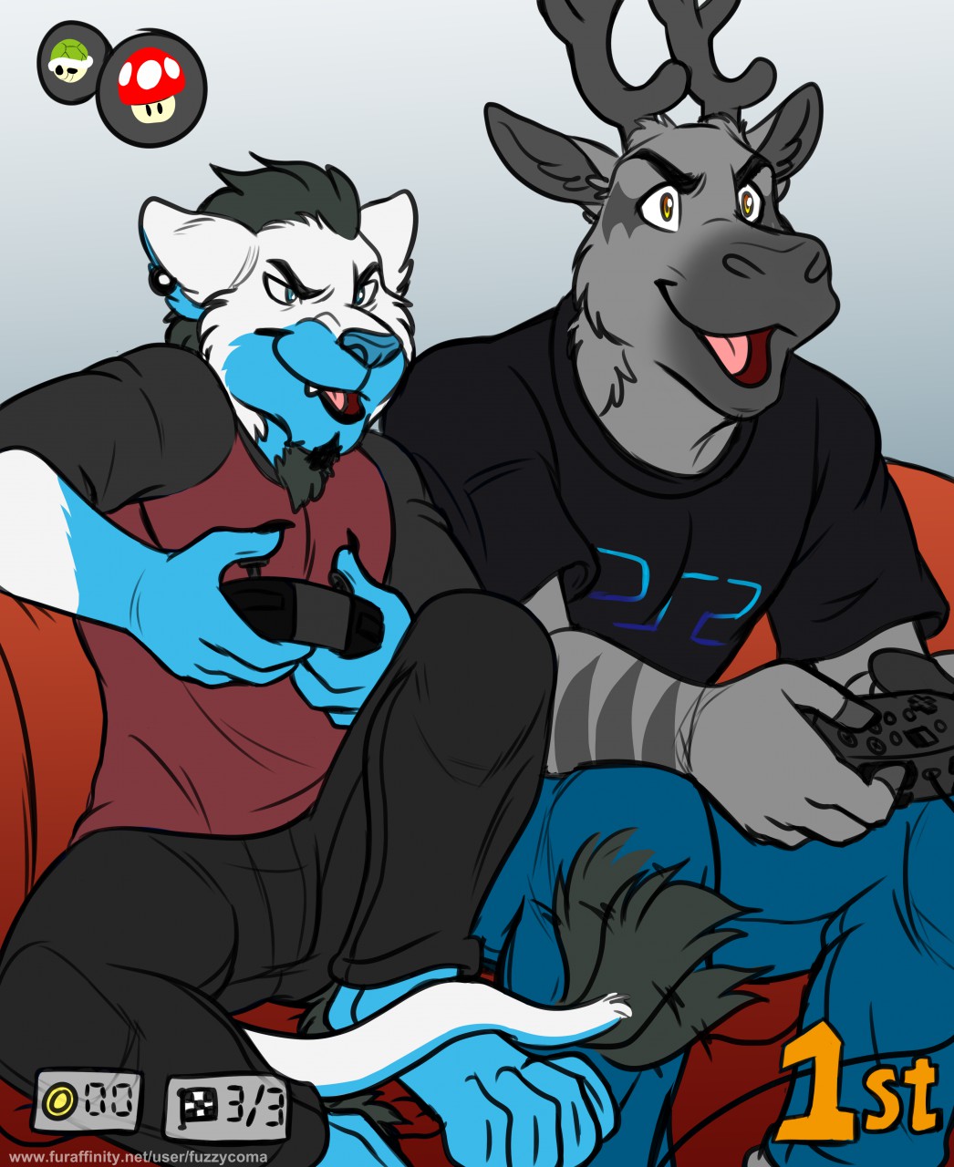 anthro cervine digital_media_(artwork) duo feline fuzzycoma lion male mammal mario_bros mario_kart nintendo pro_controller racing reindeer rex rio switch video_games