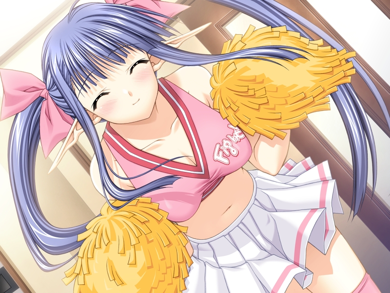 00s 1girl blue_hair blush bow breasts cheerleader cleavage dutch_angle eyebrows_visible_through_hair eyes_closed female game_cg hair_bow hair_ornament indoors long_hair midriff navel nerine pleated_skirt pointy_ears pom_poms shuffle! skirt sleeveless smile solo suzuhira_hiro white_skirt