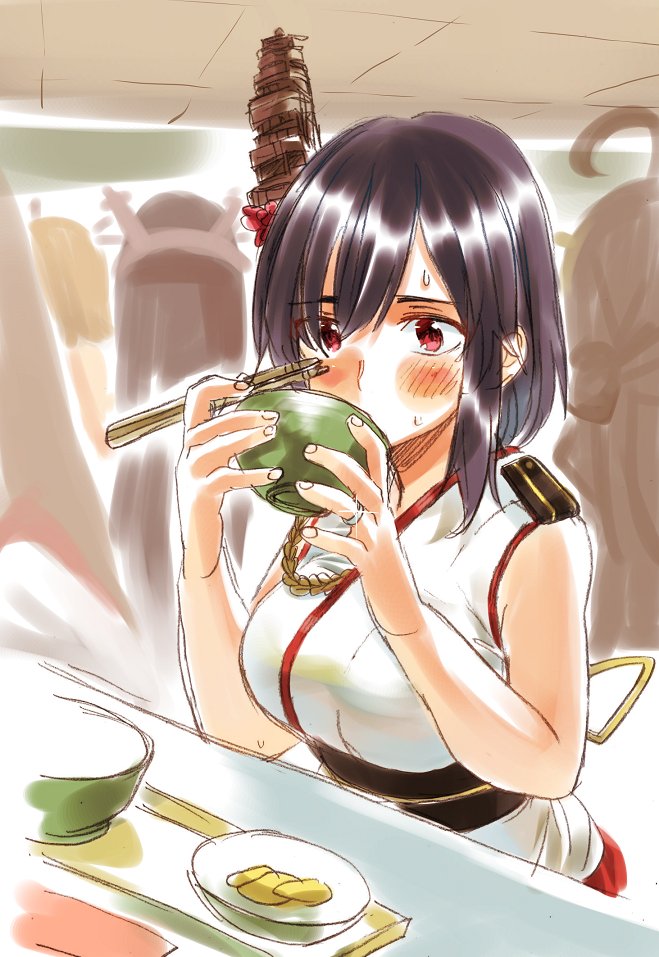 ahoge aiguillette bare_arms bare_shoulders black_hair blush bowl breasts brown_hair ceiling chopsticks commentary double_bun eating epaulettes eyebrows_visible_through_hair fingernails food hair_between_eyes hair_ornament headgear holding holding_bowl holding_chopsticks indoors japanese_clothes jewelry kantai_collection kimono kongou_(kantai_collection) long_hair medium_hair multiple_girls mutsu_(kantai_collection) nagato_(kantai_collection) nontraditional_miko obi red_eyes ring sagamiso sash short_hair sitting solo_focus straight_hair sweat table tray wedding_band white_kimono yamashiro_(kantai_collection)
