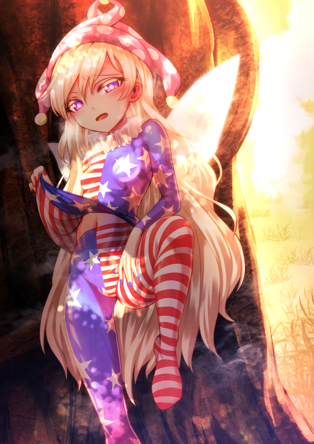 against_tree american_flag_dress american_flag_legwear blonde_hair blue_nails breasts clownpiece commentary_request fairy_wings flag_print grass half-closed_eyes hat highres jester_cap leg_up long_hair medium_breasts nail_polish navel neck_ruff nomayo open_mouth pantyhose purple_eyes red_nails shade shirt_lift sunlight touhou touhou_sangetsusei tree very_long_hair wings