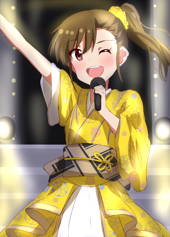 ;d arm_up brown_eyes brown_hair eyebrows_visible_through_hair floating_hair futami_mami hair_between_eyes hair_ornament hair_scrunchie holding holding_microphone idol idolmaster idolmaster_(classic) japanese_clothes kimono lieass long_hair microphone obi one_eye_closed open_mouth sash scrunchie side_ponytail skirt smile solo stage standing white_skirt yellow_kimono yellow_scrunchie