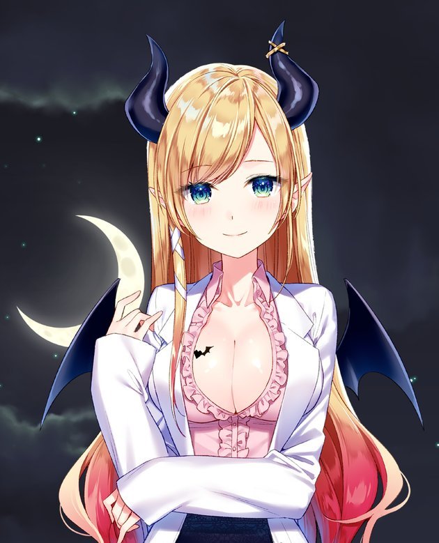 bat_wings black_wings blush breast_tattoo breasts cleavage collarbone collared_shirt crescent_moon eyebrows_visible_through_hair frilled_shirt frills hololive horn_ornament horns large_breasts long_hair looking_at_viewer masuishi_kinoto moon night night_sky pink_shirt pointy_ears shirt sky sleeves_past_wrists solo tattoo upper_body virtual_youtuber wings yuzuki_choco