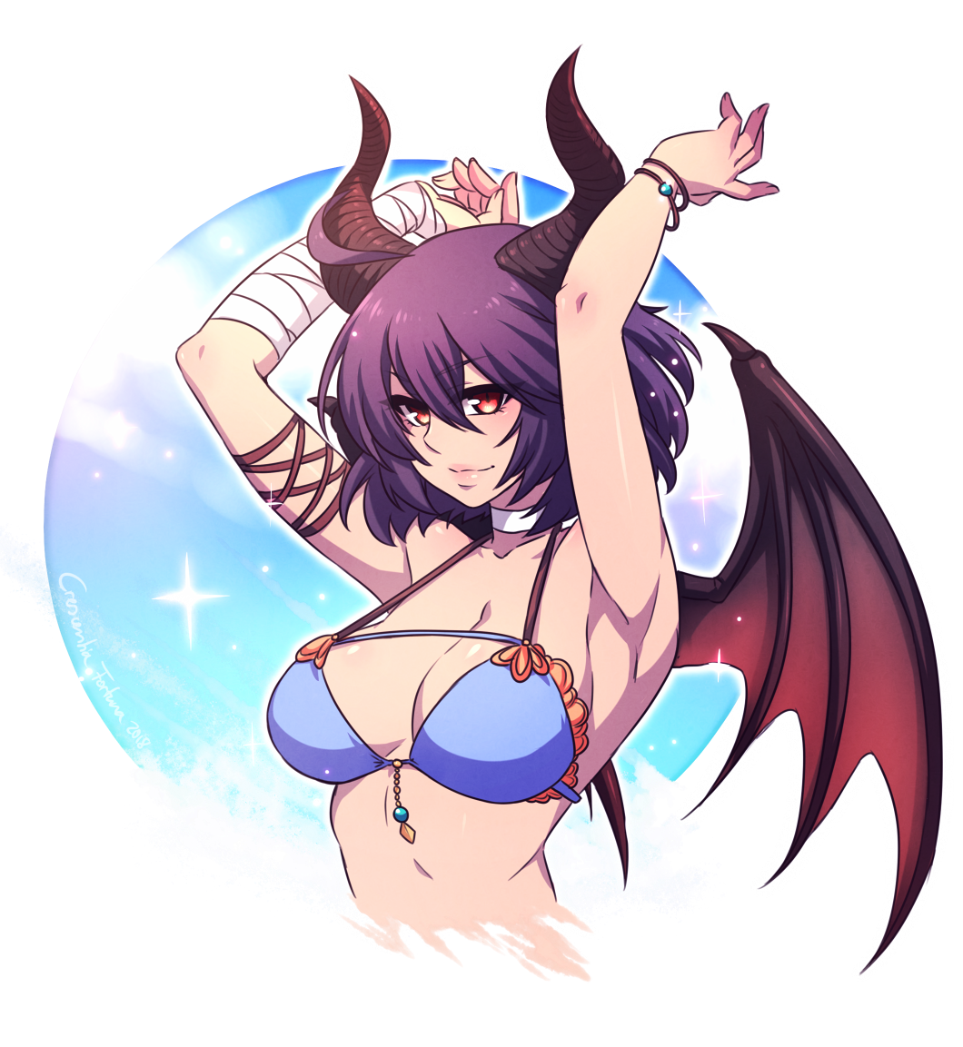 2018 armpits arms_up artist_name bandaged_arm bandages blue_bikini_top breasts choker closed_mouth cloud collarbone crescentia cropped_torso dragon_horns dragon_wings eyebrows_visible_through_hair granblue_fantasy grea_(shingeki_no_bahamut) hair_between_eyes horns large_breasts number red_eyes shingeki_no_bahamut short_hair solo sparkle strap_gap transparent_background upper_body v-shaped_eyebrows wings