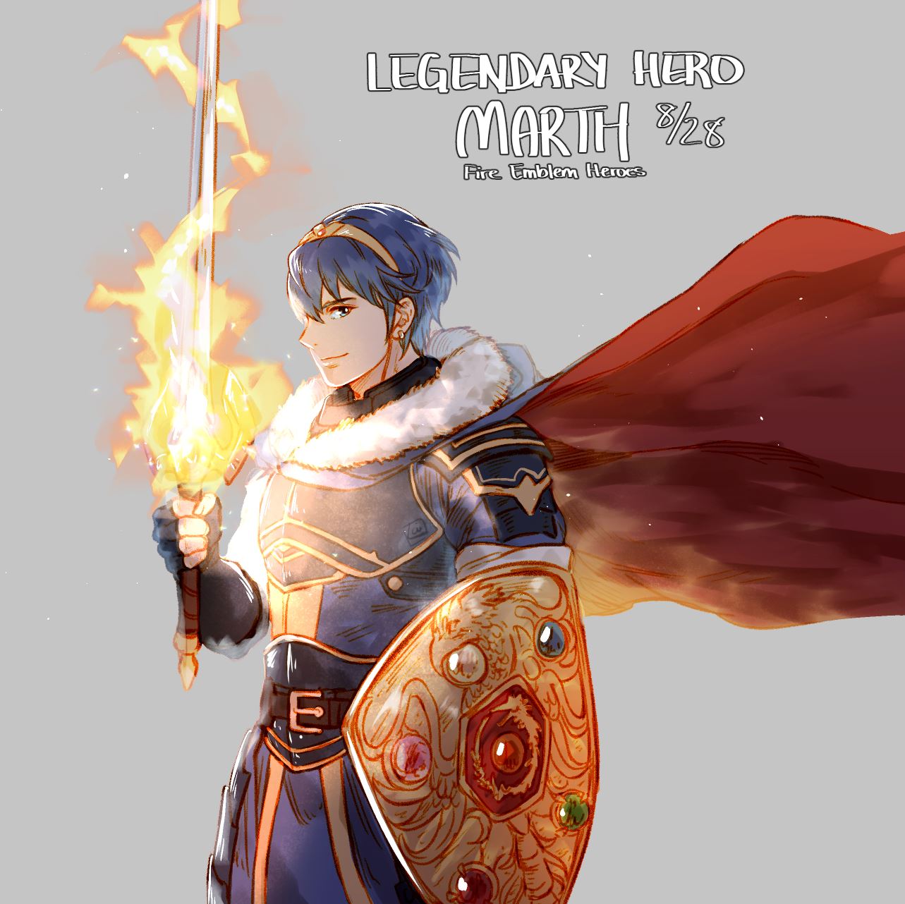 alternate_costume armor blue_eyes blue_hair cape fire fire_emblem fire_emblem:_monshou_no_nazo fire_emblem_heroes gloves headband highres krazehkai male_focus marth shield short_hair smile solo sword tiara weapon