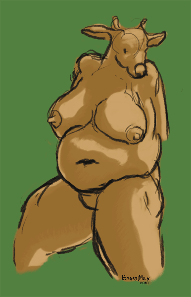 2018 anthro beastmilk belly big_breasts bovine breasts brown_skin female green_background mammal navel nipples nude overweight overweight_female simple_background sketch solo