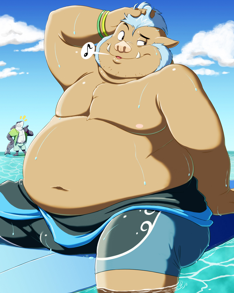 anthro belly boar bulge clothed clothing fish gouryou male mammal marine mohawk musclegut navel nipples overweight pecs pokelai porcine sea shark surfboard surfing tokyo_afterschool_summoners topless typhon water wetsuit whistle