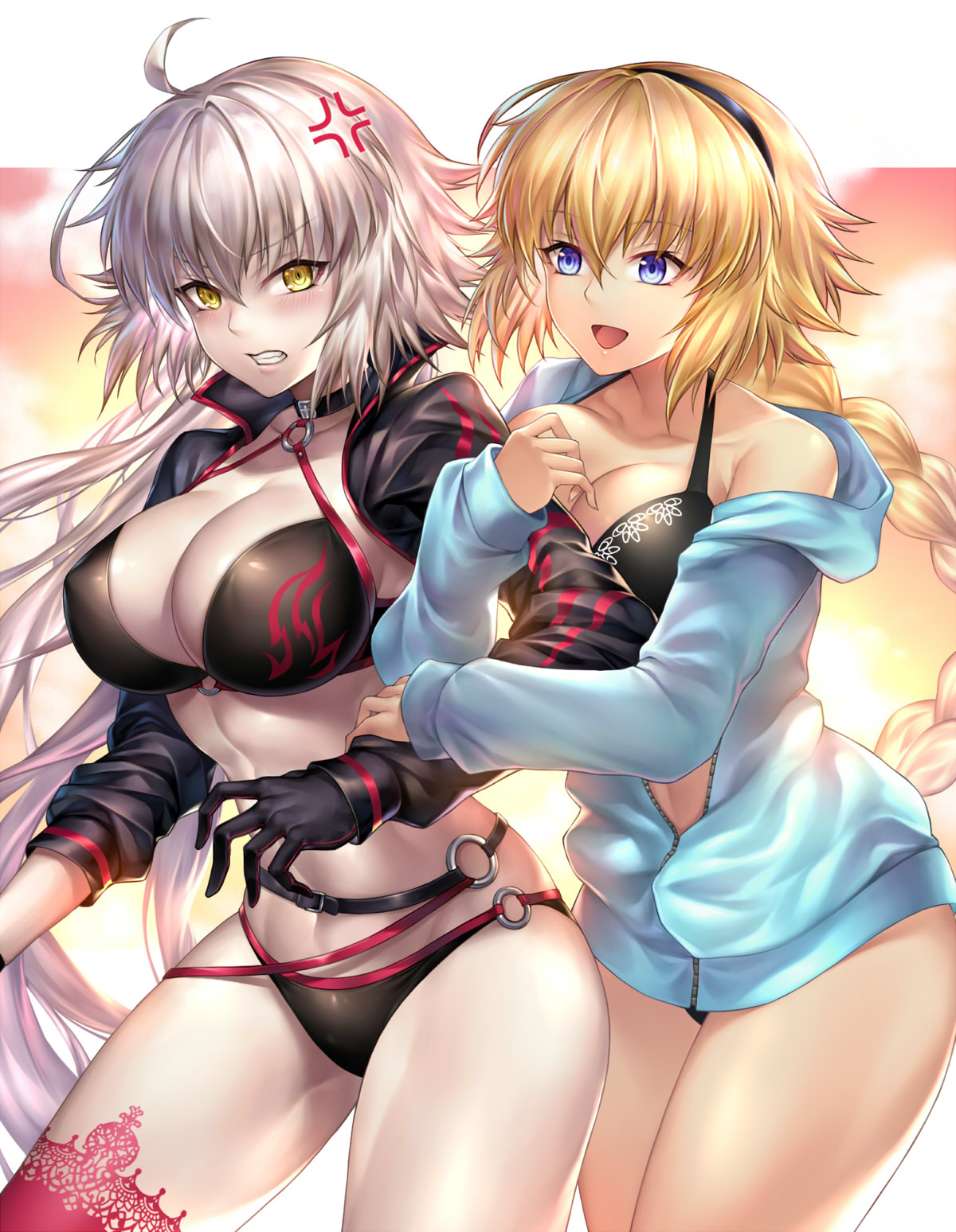 :d ahoge anger_vein angry arm_hug bangs bikini bikini_under_clothes black_bikini black_gloves black_hairband blonde_hair blue_eyes blue_jacket blurry blurry_background blush braid breast_press breasts cleavage clenched_teeth collarbone commentary_request cowboy_shot eyebrows_visible_through_hair fate/grand_order fate_(series) gloves grey_hair hair_between_eyes hairband halterneck highres hood hood_down hooded_jacket hug hug_from_behind jacket jeanne_d'arc_(alter_swimsuit_berserker) jeanne_d'arc_(fate)_(all) jeanne_d'arc_(swimsuit_archer) large_breasts leaning_forward long_hair long_sleeves looking_at_viewer multiple_girls nasaniliu navel o-ring o-ring_bikini o-ring_bottom o-ring_top open_clothes open_jacket open_mouth outside_border pale_skin pink_legwear shiny shiny_hair shrug_(clothing) single_braid single_thighhigh smile swimsuit teeth thighhighs v-shaped_eyebrows very_long_hair yellow_eyes