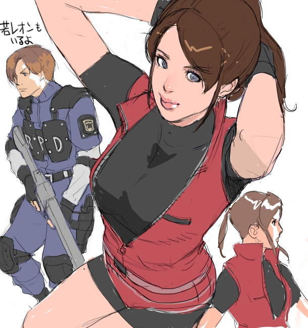 1girl bike_shorts blue_eyes brown_hair claire_redfield elbow_pads eyebrows_visible_through_hair fingerless_gloves flat_color gloves gun holding holding_gun holding_weapon junny leon_s_kennedy lipstick looking_at_viewer makeup police police_uniform ponytail resident_evil resident_evil_2 seiza short_hair shorts simple_background sitting sketch smile translation_request uniform weapon white_background