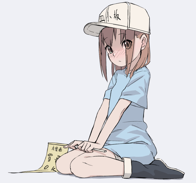 baseball_cap black_footwear blue_shirt blush brown_eyes brown_hair clothes_writing dump eyes_visible_through_hair flag from_side full_body grey_shorts hat hataraku_saibou holding holding_flag looking_at_viewer nose_blush platelet_(hataraku_saibou) seiza shirt shorts sitting solo white_hat