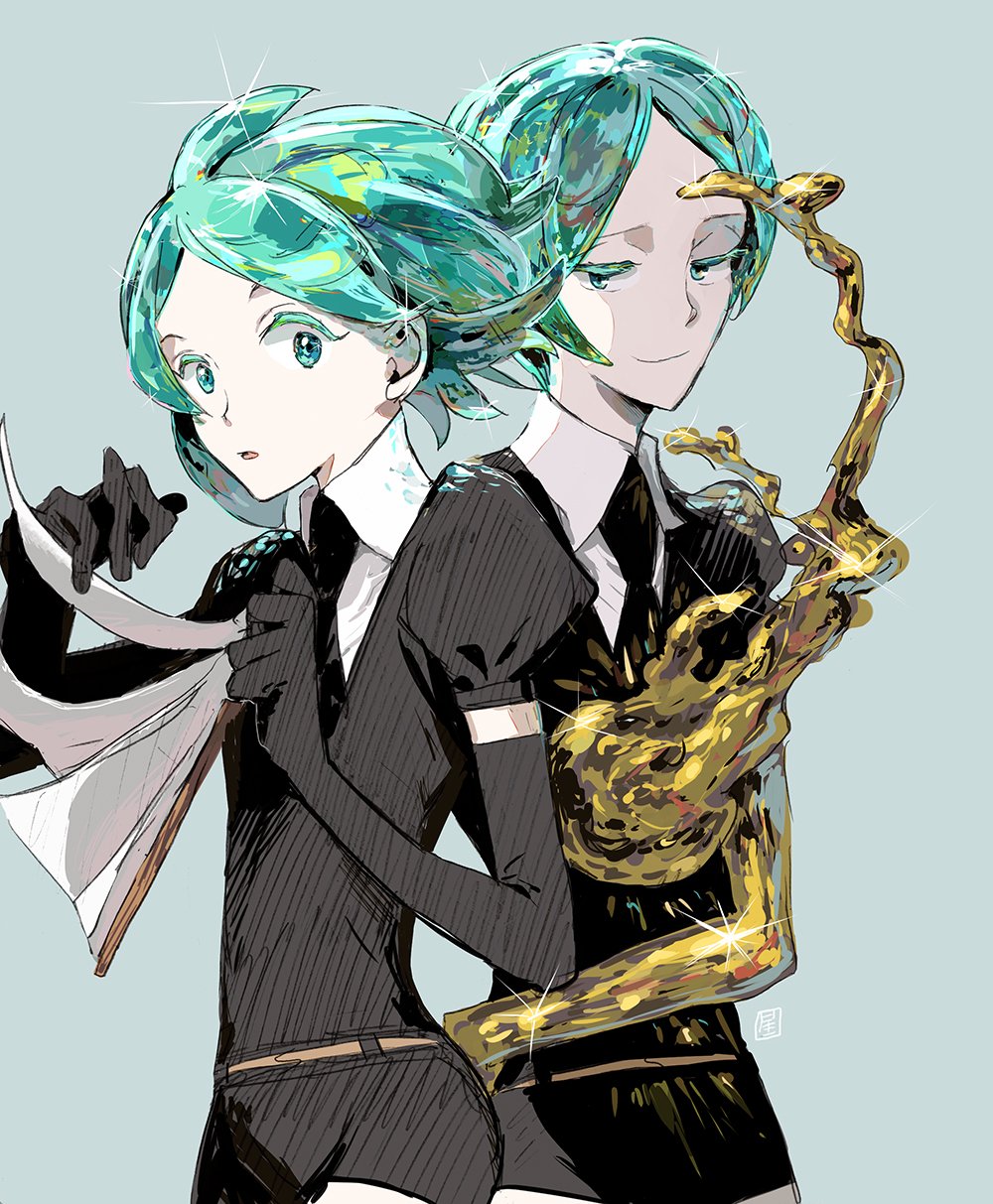 androgynous clipboard colored_eyelashes crystal_hair dual_persona elbow_gloves gem_uniform_(houseki_no_kuni) gloves gold golden_arms green_eyes green_hair grin highres houseki_no_kuni looking_at_viewer multiple_others necktie phosphophyllite sabi short_hair smile sparkle spoilers