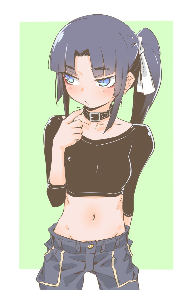 1girl bangs blue_eyes blue_hair blush character_request collar female looking_away midriff navel parted_bangs ponytail raigou solo