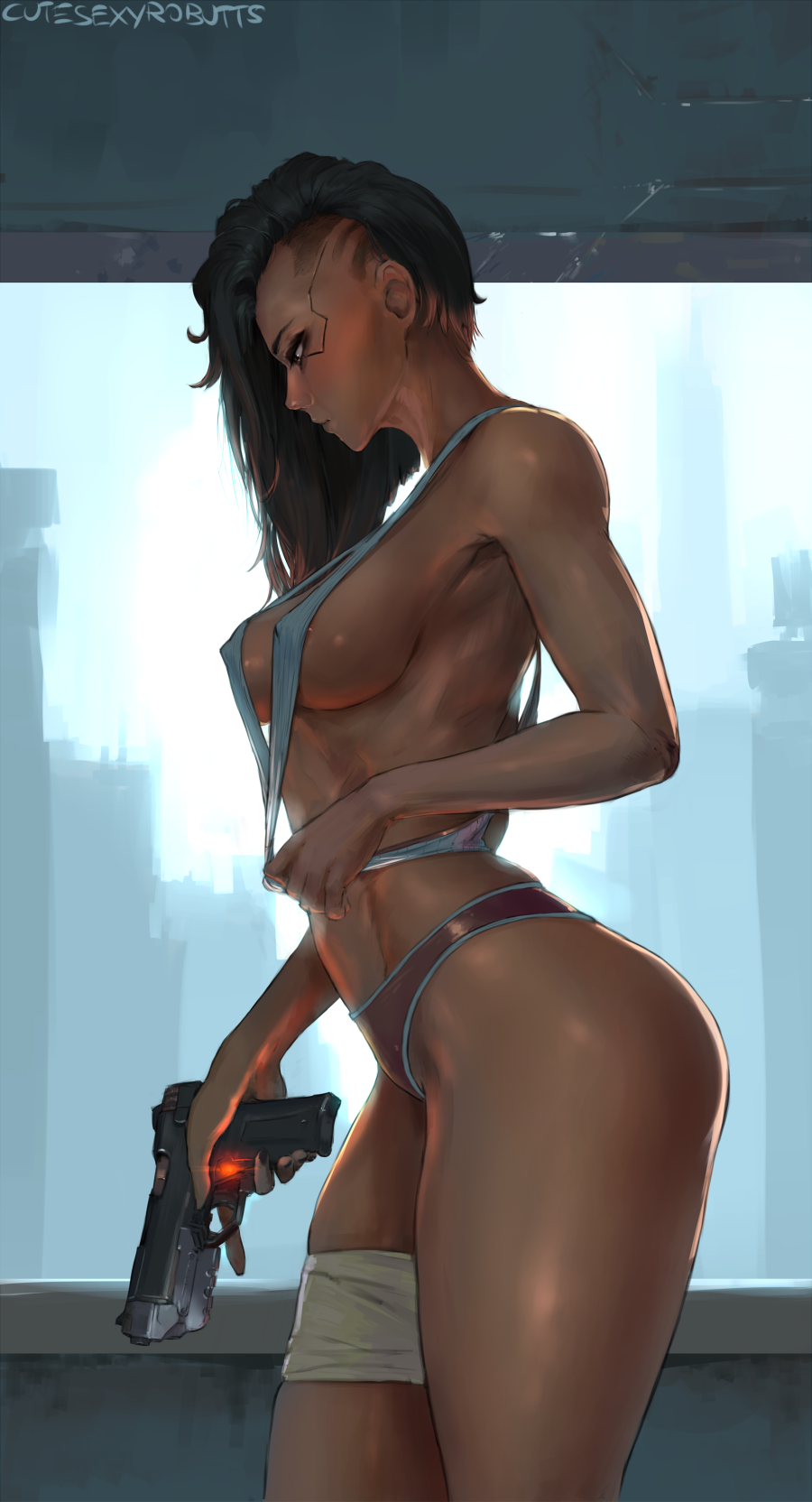 areola_slip areolae artist_name bandages bare_shoulders breasts brown_eyes brown_hair covered_nipples cutesexyrobutts cyberpunk_2077 dark_skin gun handgun highres lips long_hair looking_down medium_breasts midriff panties pistol red_panties sideboob signature solo standing thick_thighs thighs undercut underwear v_(female) weapon windowsill