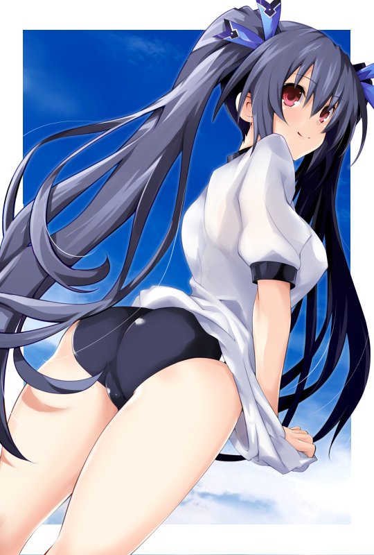ass bangs black_buruma black_hair blue_ribbon blue_sky blush breasts buruma closed_mouth cloud commentary_request covered_nipples cowboy_shot day dutch_angle eyebrows_visible_through_hair from_side gym_shirt hair_between_eyes hair_ribbon iwasi-r kneepits legs_together light_smile long_hair looking_back looking_to_the_side medium_breasts neptune_(series) noire outdoors outside_border parted_bangs pink_eyes pulled_by_self ribbon shirt shirt_tug short_sleeves sidelocks sky sleeve_cuffs smile solo standing straight_hair thighs twintails very_long_hair white_shirt