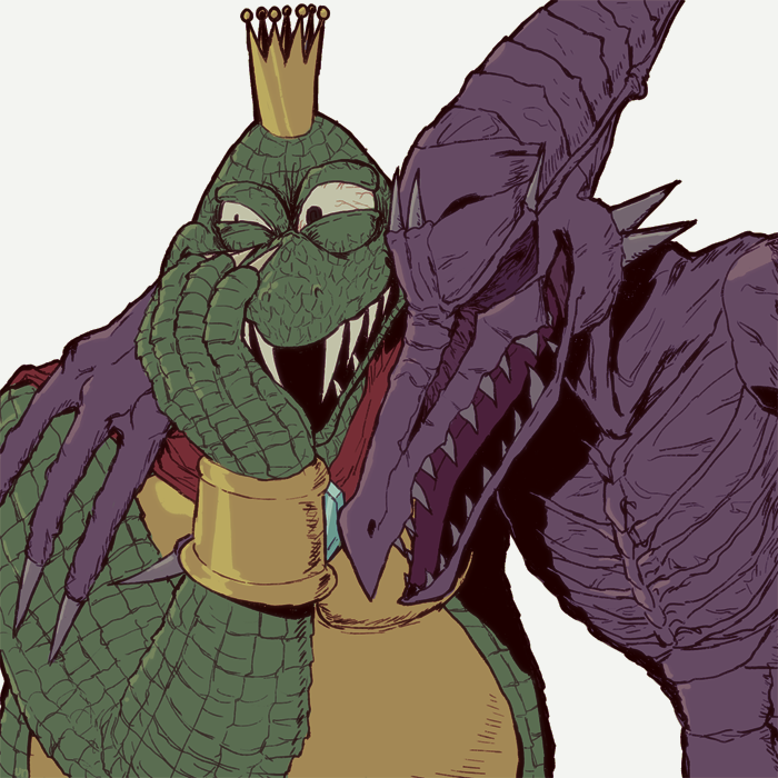 alien arm_around_neck bracelet cape closed_eyes crocodilian crown donkey_kong_(series) dragon fingernails grey_background hand_on_own_face hand_up jewelry king_k._rool kuzudon laughing meme metroid monster multiple_boys open_mouth red_cape ridley sharp_fingernails sharp_teeth simple_background super_smash_bros. super_smash_bros._ultimate teeth veins young_women_laughing_in_photo_booth