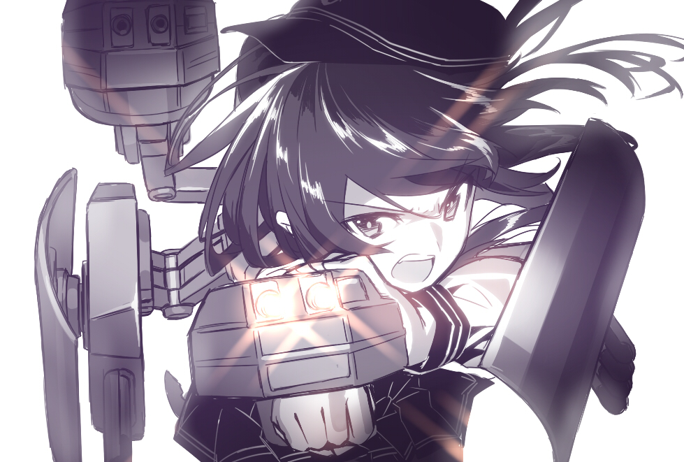 :o akatsuki_(kantai_collection) armor blew_andwhite bloom clenched_hand commentary_request d: double_horizontal_stripe flat_cap gun hat kantai_collection long_hair looking_at_viewer miniskirt monochrome open_mouth pleated_skirt purple rigging school_uniform serafuku shirt short_sleeves sideways_hat simple_background skirt sleeve_cuffs solo upper_body v-shaped_eyebrows weapon white_background wind