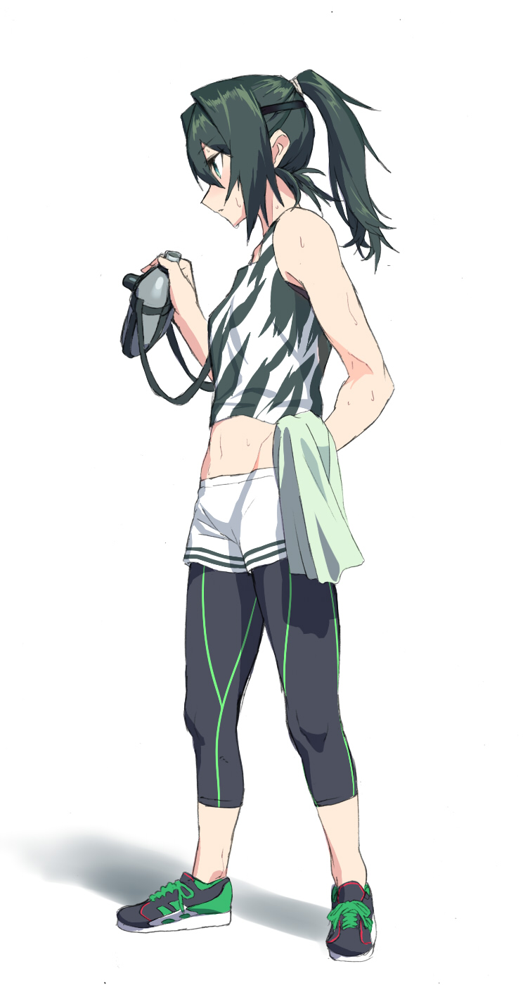 bangs bare_arms bare_shoulders black_footwear black_legwear blew_andwhite bottle commentary_request crop_top cross-laced_footwear double_horizontal_stripe eyebrows_visible_through_hair full_body green_eyes green_hair hair_between_eyes hair_intakes high_ponytail highres holding holding_towel kantai_collection kiso_(kantai_collection) leggings legs legs_apart long_hair looking_to_the_side navel parted_bangs shoes short_shorts shorts simple_background sneakers solo standing stomach sweat sweating_profusely tank_top toned towel water_bottle white_background white_shorts