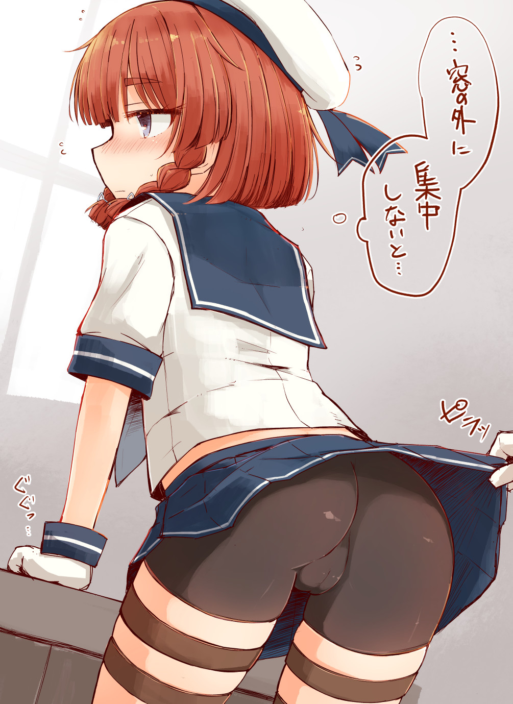 arm_support ass bangs bike_shorts blue_eyes blue_sailor_collar blue_skirt blunt_bangs blush braid cameltoe commentary_request dutch_angle etorofu_(kantai_collection) eyebrows_visible_through_hair flying_sweatdrops from_behind gloves hair_ribbon hakuun_(m2230) hat highres kantai_collection leaning_forward lifted_by_another looking_away looking_to_the_side medium_hair miniskirt nose_blush orange_hair pleated_skirt profile ribbon sailor_collar sailor_hat school_uniform serafuku shirt short_sleeves shorts shorts_under_skirt skirt skirt_lift solo_focus table thigh_strap thought_bubble translation_request trefoil twin_braids white_gloves white_hat white_shirt window