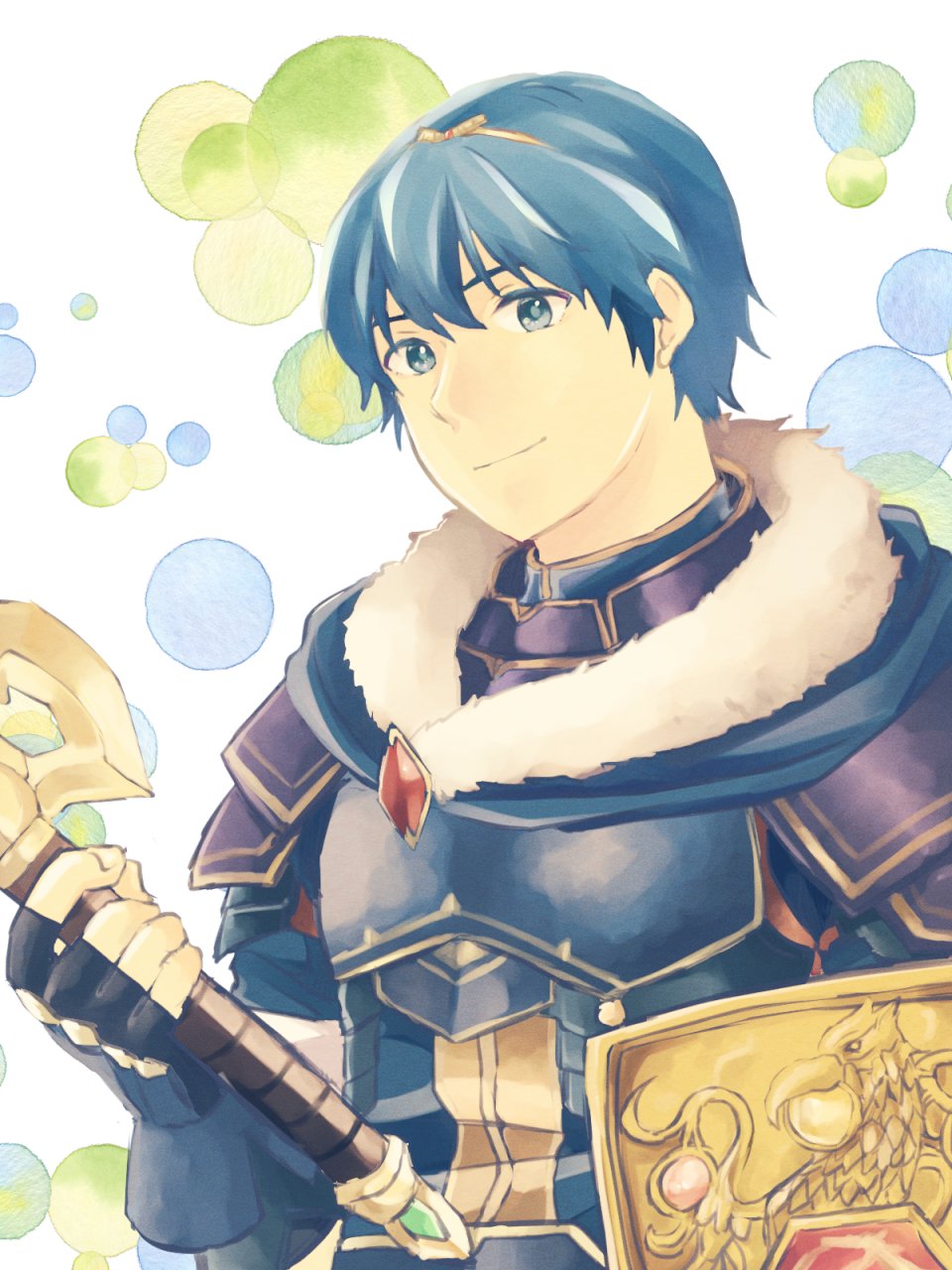 armor bad_id bad_twitter_id blue_eyes blue_hair cape falchion_(fire_emblem) fire_emblem fire_emblem:_monshou_no_nazo fire_emblem_heroes gloves highres looking_at_viewer male_focus marth nishimura_(nianiamu) short_hair smile solo sword tiara weapon