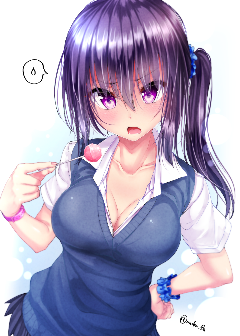 bangs blue_background blue_scrunchie blue_skirt blush breasts candy cleavage collared_shirt eyebrows_visible_through_hair food gradient gradient_background hair_between_eyes hair_ornament hair_scrunchie hand_on_hip holding holding_candy holding_food holding_lollipop large_breasts lollipop long_hair looking_at_viewer mokufuu open_mouth original pleated_skirt purple_eyes purple_hair scrunchie shirt short_sleeves side_ponytail skirt solo speech_bubble spoken_sweatdrop sweatdrop sweater_vest twitter_username white_background white_shirt wrist_scrunchie wristband