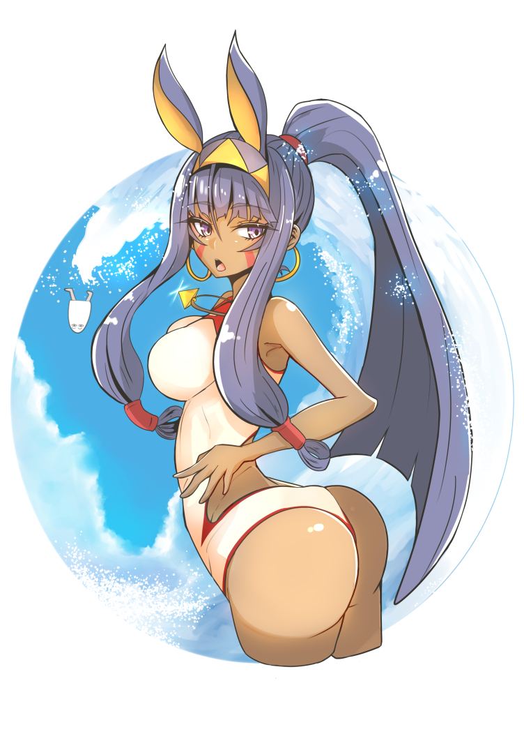 alternate_hairstyle animal_ears arched_back ass breasts competition_swimsuit cosplay cowboy_shot cropped_legs dark_skin earrings facepaint facial_mark fate/grand_order fate_(series) gin_moku hair_tubes high_ponytail hoop_earrings impossible_clothes jackal_ears jewelry large_breasts long_hair looking_at_viewer medjed medjed_(cosplay) nitocris_(fate/grand_order) nitocris_(swimsuit_assassin)_(fate) one-piece_swimsuit open_mouth outside_border ponytail purple_eyes purple_hair sidelocks solo swimsuit thighs white_swimsuit wide_hips