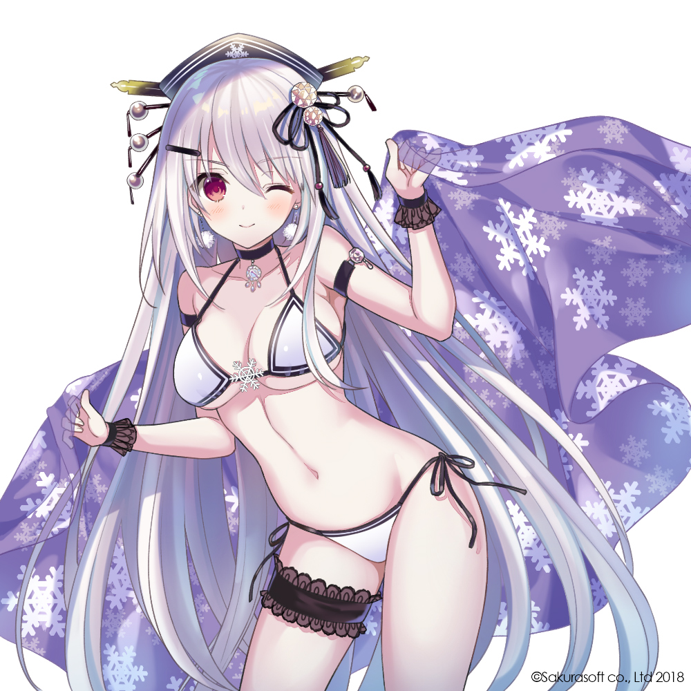 2018 ;) albino arm_up bangs bare_shoulders bikini blush breasts cleavage closed_mouth collarbone commentary_request eyebrows_visible_through_hair hair_between_eyes hair_ornament hand_up holding leaning_to_the_side leg_garter long_hair looking_at_viewer medium_breasts navel official_art one_eye_closed original pale_skin red_eyes side-tie_bikini silver_hair simple_background smile snowflake_print snowflakes solo swimsuit transparent very_long_hair watermark white_background white_bikini yuuki_rika