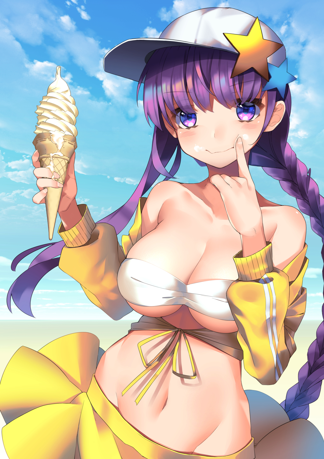 bandeau bangs bare_shoulders baseball_cap bb_(fate)_(all) bb_(swimsuit_mooncancer)_(fate) bikini_skirt blush braid breasts cloud collarbone day eyebrows_visible_through_hair fang fate/grand_order fate_(series) finger_to_cheek fingersmile food food_on_face front-tie_top hat highres ice_cream ice_cream_cone jacket large_breasts long_braid long_hair looking_at_viewer navel off_shoulder pleated_skirt purple_eyes purple_hair revealing_clothes shirt single_braid skirt sky slumcat smile solo star strapless tied_shirt underboob very_long_hair yellow_jacket yellow_skirt