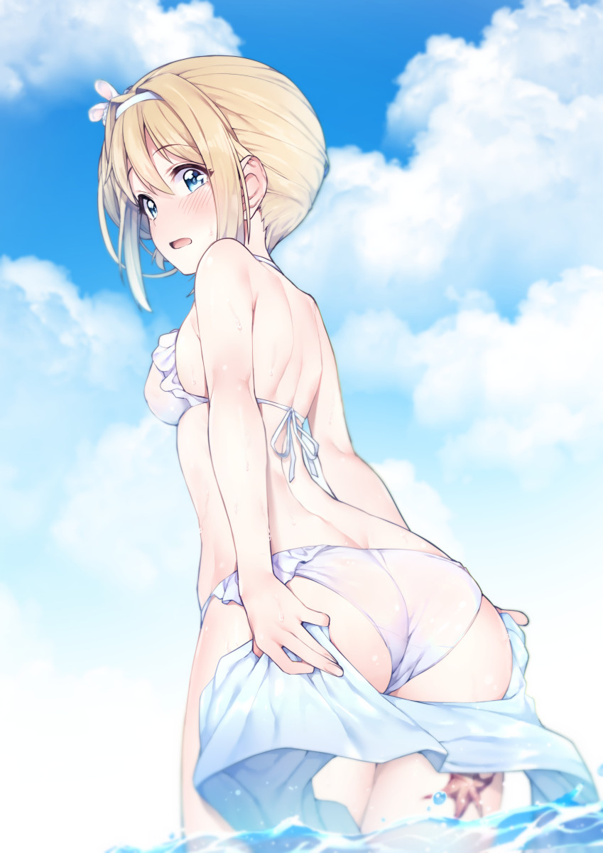 ass bangs bare_shoulders bikini blonde_hair blue_eyes blue_sky blush breasts check_commentary cloud cloudy_sky commentary_request day eyebrows_visible_through_hair frilled_bikini frills from_behind girls_frontline hair_between_eyes hair_ornament hairband highres jp06 long_hair looking_at_viewer medium_breasts open_mouth outdoors sarong sarong_removed sidelocks sky solo standing starfish sunlight suomi_kp31_(girls_frontline) swimsuit thighs wading water white_bikini