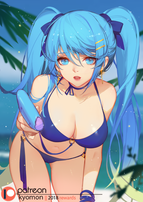 :d artist_name bangs bare_shoulders bent_over bikini blue_bikini blue_bow blue_choker blue_eyes blue_hair blue_sky bow breasts cameltoe choker cleavage collarbone commentary cowboy_shot day earrings english_commentary food hair_between_eyes hair_bow hair_ornament hairclip holding holding_food jewelry large_breasts league_of_legends long_hair looking_at_viewer navel o-ring o-ring_bikini ocean open_mouth outdoors patreon_logo pink_lips popsicle ribbon_choker shiny shiny_hair sky smile solo sona_buvelle songjikyo swimsuit thighs twintails very_long_hair wristband
