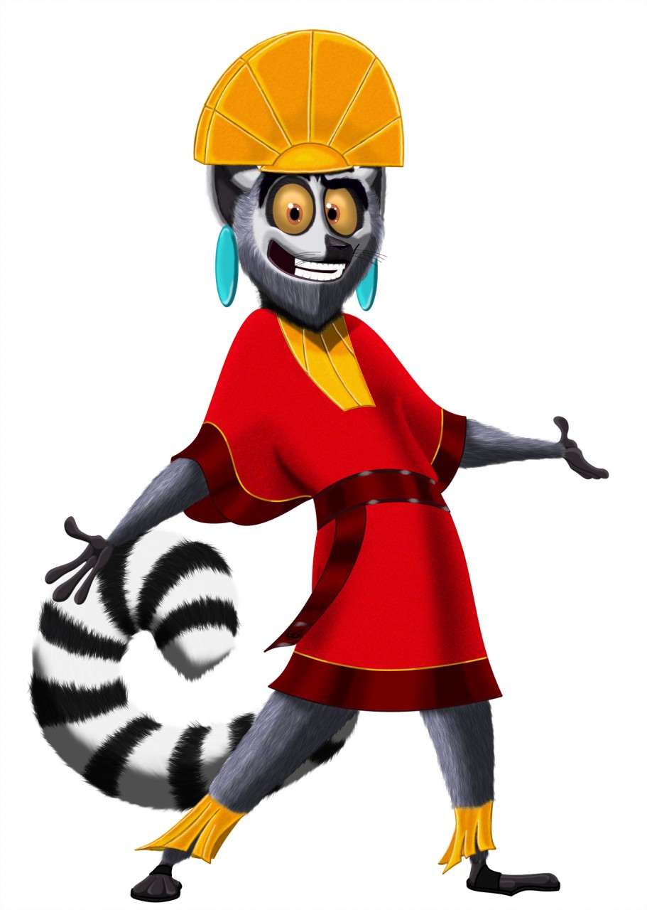 2017 4_fingers black_nose clothed clothing cosplay crossover dazley digital_drawing_(artwork) digital_media_(artwork) disney dreamworks ear_piercing fur grey_fur grin headwear hi_res king_julien kuzco lemur looking_at_viewer madagascar mammal orange_eyes piercing pose primate raised_eyebrow simple_background smile solo striped_tail stripes the_emperor's_new_groove whiskers white_background yellow_sclera