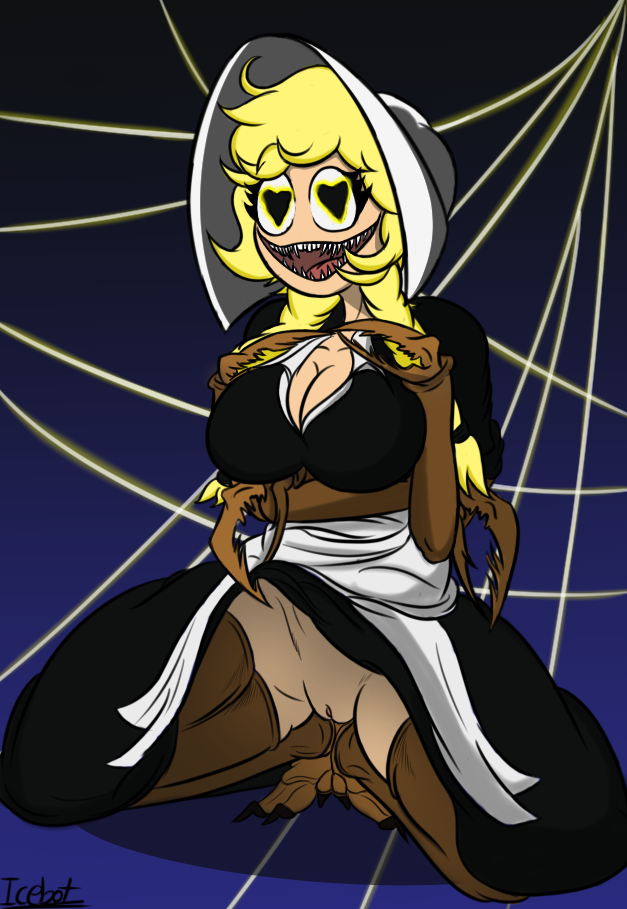 &lt;3 &lt;3_eyes animal_humanoid arachnid arthropod blonde_hair breasts cleavage cliffside clothed clothing cordie_(cliffside) dress eyelashes female hair hat humanoid icebot monster_girl_(genre) open_mouth pussy solo spider_humanoid spider_web teeth tongue