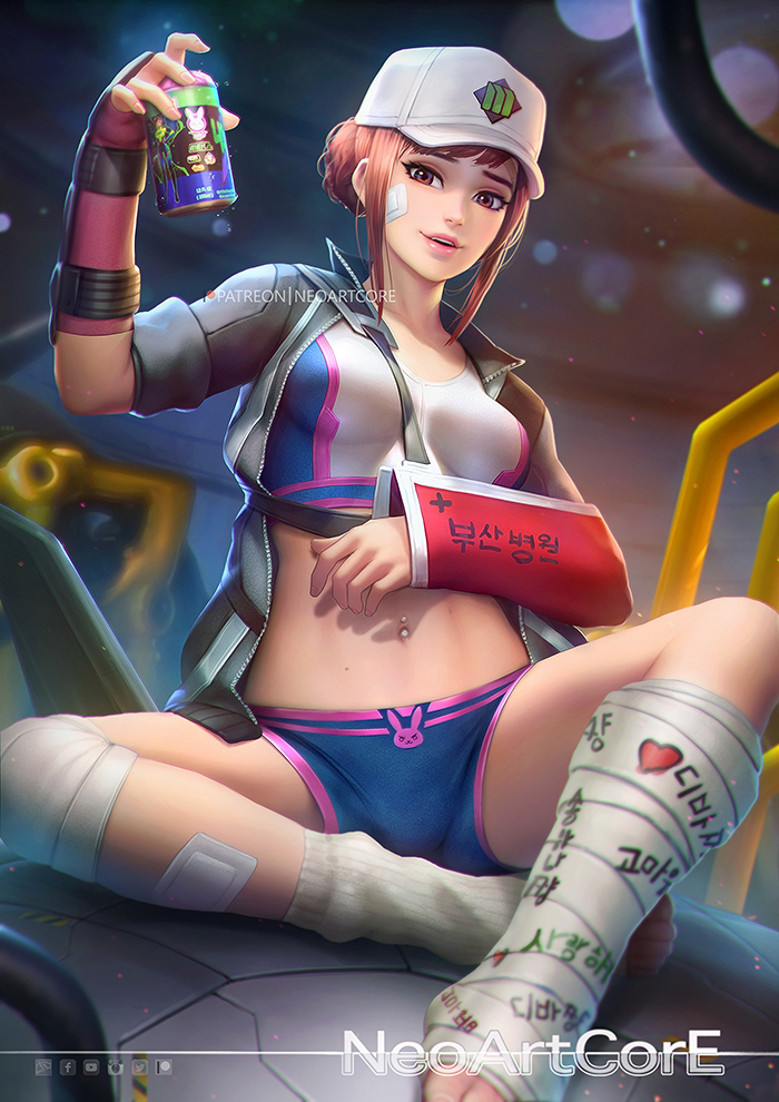 animal_print arm_guards arm_sling arm_up artist_name bandaged_leg bandages bandaid bandaid_on_face bandaid_on_leg bangs baseball_cap blue_shorts blurry blurry_background boyshorts breasts brown_eyes brown_hair bunny_print can cast crop_top d.va_(overwatch) depth_of_field elbow_gloves fingerless_gloves gloves hair_bun hat heart holding injury jacket knee_pads korean leg_cast leg_warmers looking_at_viewer mecha medium_breasts midriff navel navel_piercing nudtawut_thongmai open_clothes open_jacket overwatch parted_lips patreon_logo piercing pink_gloves pink_lips shooting_star_d.va short_sleeves shorts sidelocks single_glove sitting smile soda_can solo spread_legs toes translated unzipping white_hat