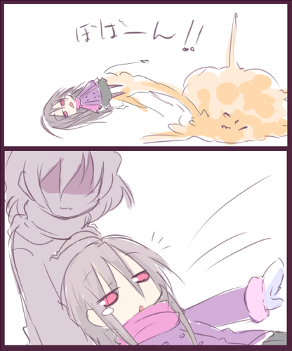 2koma :3 bangs black_skirt closed_mouth comic commentary explosion eyebrows_visible_through_hair faceless faceless_female fur-trimmed_sleeves fur_trim grey_hair hair_between_eyes hime_(suguri) hono jacket long_sleeves lowres mittens multiple_girls notice_lines parted_lips purple_jacket red_eyes silent_comic skirt suguri suguri_(character) translated white_background white_mittens
