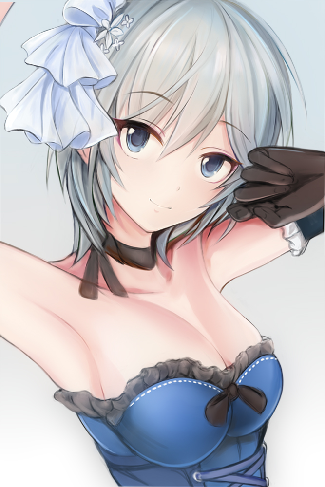 anastasia_(idolmaster) armpits black_gloves black_ribbon blue_eyes breasts choker cleavage collarbone commentary_request cross-laced_clothes elbow_gloves eyebrows_visible_through_hair gloves grey_background hair_between_eyes hair_ornament head_tilt idolmaster idolmaster_cinderella_girls medium_breasts nannacy7 ribbon ribbon_choker short_hair silver_hair simple_background smile solo strapless upper_body
