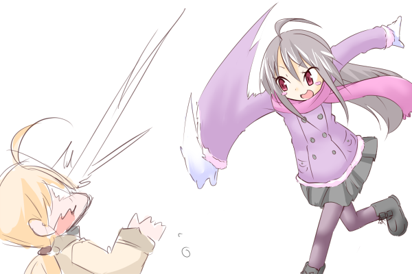 :d afterimage ahoge bangs black_footwear blonde_hair blush_stickers boots brown_coat brown_legwear coat commentary_request eyebrows_visible_through_hair grey_hair grey_skirt hair_between_eyes hono in_the_face jacket long_hair long_sleeves low_ponytail mittens multiple_girls official_art open_mouth pantyhose pink_scarf pleated_skirt purple_jacket red_eyes saki_(suguri) scarf simple_background skirt smile snow snowball snowball_fight standing standing_on_one_leg suguri suguri_(character) throwing v-shaped_eyebrows very_long_hair white_background white_mittens