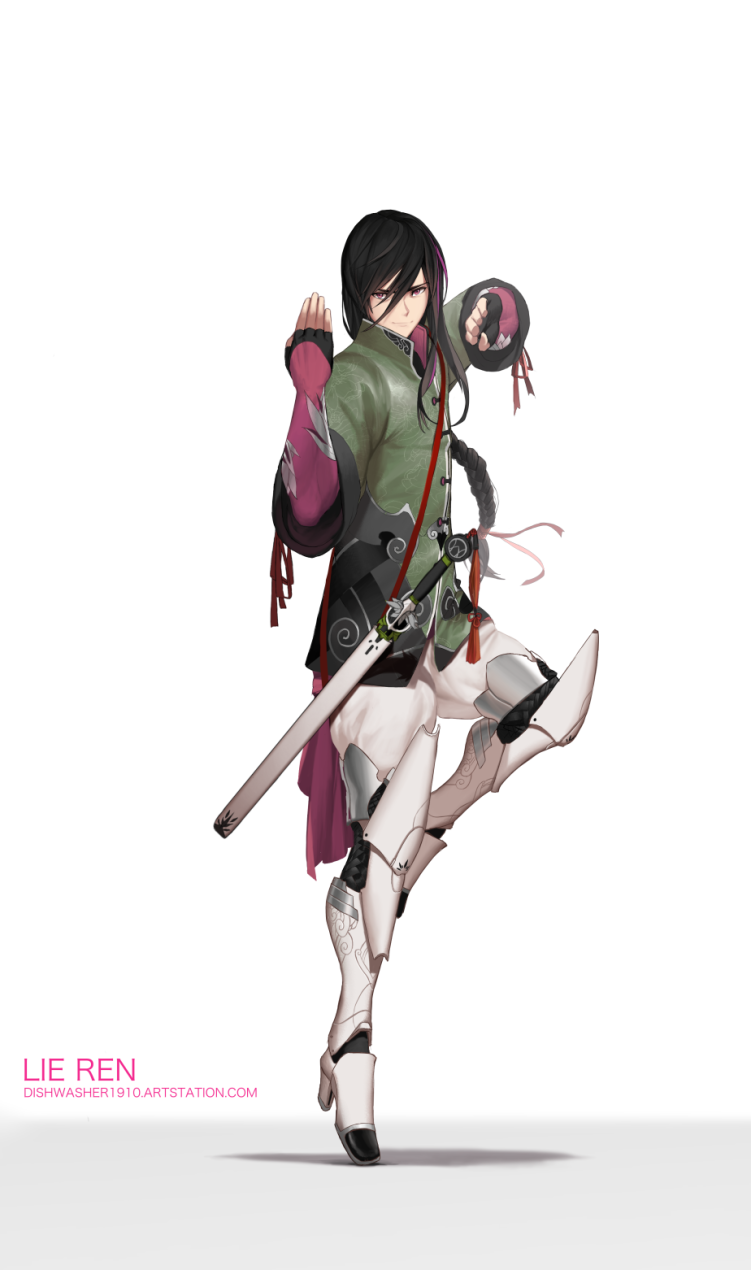 armored_boots black_hair boots changpao chinese_clothes commentary dishwasher1910 english_commentary fighting_stance fingerless_gloves gloves highres katana lie_ren long_hair pants ponytail pose purple_eyes rwby sheath sheathed solo sword very_long_hair weapon white_background white_pants