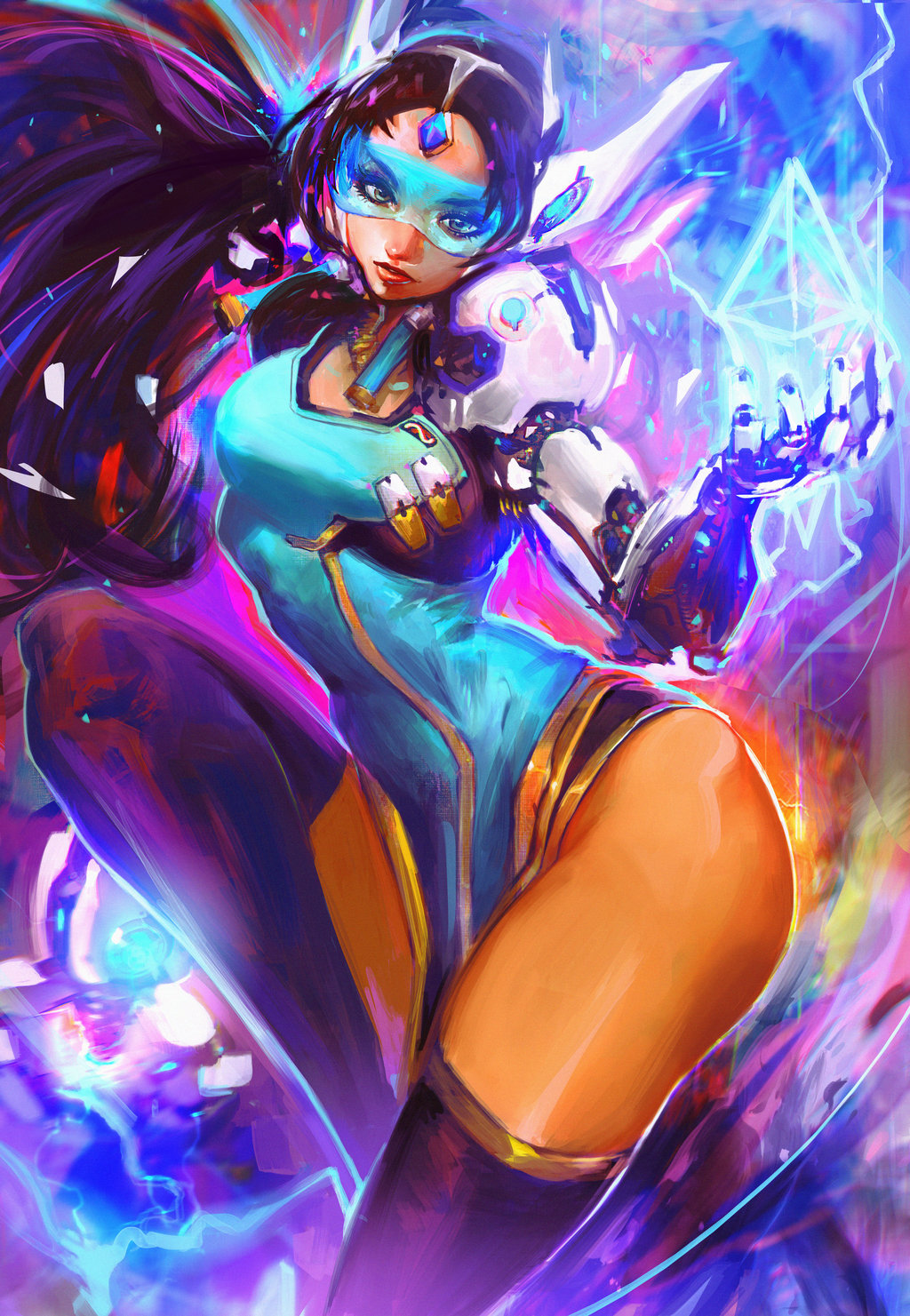 1girl andres_blanco black_hair black_legwear blue_dress breasts brown_eyes commentary cyborg dark_skin dress earrings english_commentary forehead_jewel headgear highres hologram jewelry lips long_hair looking_at_viewer mechanical_arm nose overwatch pelvic_curtain small_breasts solo symmetra_(overwatch) thighhighs thighs visor