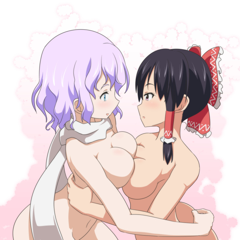 black_eyes black_hair blue_eyes bow breast_press breasts cato_(monocatienus) commentary_request eye_contact hair_bow hair_tubes hakurei_reimu hug large_breasts lavender_hair letty_whiterock looking_at_another medium_hair multiple_girls naked_scarf nude scarf simple_background symmetrical_docking touhou white_scarf yuri
