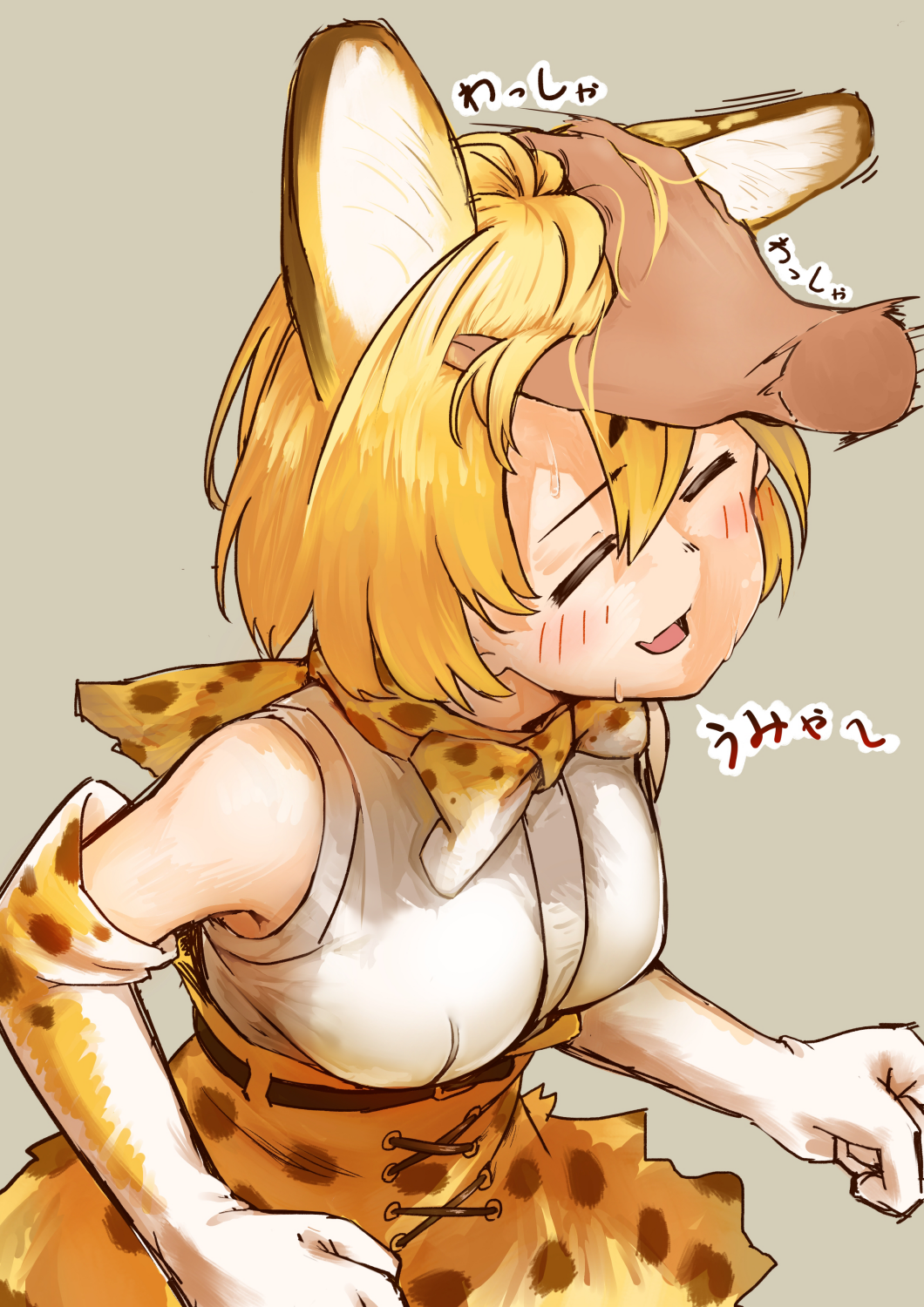animal_ears bare_shoulders belt blonde_hair blush bow bowtie breasts charnoe closed_eyes commentary_request disembodied_limb elbow_gloves eyebrows_visible_through_hair fang gloves hand_in_another's_hair hand_on_another's_head high-waist_skirt highres kemono_friends medium_breasts petting serval_(kemono_friends) serval_ears serval_print serval_tail skirt sleeveless sweatdrop tail translated