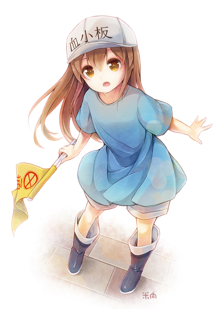 black_footwear blue_shirt blush boots brown_eyes brown_hair character_name clothes_writing commentary dutch_angle flag flat_cap grey_hat grey_shorts hat hataraku_saibou holding holding_flag leaning_to_the_side long_hair open_mouth platelet_(hataraku_saibou) shirt short_shorts short_sleeves shorts solo standing very_long_hair white_background yonema