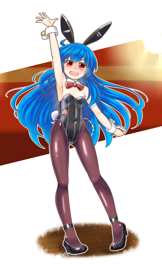 animal_ears arm_up black_footwear black_legwear black_leotard blue_hair bow bowtie bunny_ears bunny_girl bunny_tail bunnysuit covered_navel detached_collar flat_chest full_body hinanawi_tenshi leotard long_hair mail_(mail_gell) pantyhose red_eyes red_neckwear solo strapless strapless_leotard tail touhou wrist_cuffs