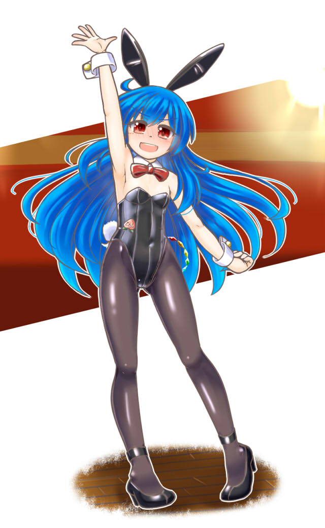 animal_ears arm_up black_footwear black_legwear black_leotard blue_hair bow bowtie bunny_ears bunny_girl bunny_tail bunnysuit covered_navel detached_collar flat_chest full_body hinanawi_tenshi leotard long_hair mail_(mail_gell) pantyhose red_eyes red_neckwear solo strapless strapless_leotard tail touhou wrist_cuffs