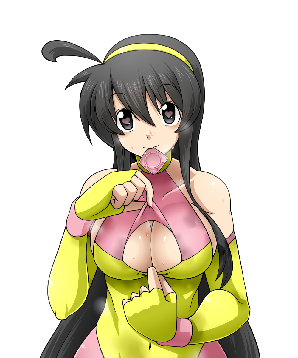 ahoge bangs bare_shoulders black_eyes black_hair breasts cleavage cleavage_cutout collarbone commentary_request condom condom_in_mouth condom_wrapper elbow_gloves eyebrows eyebrows_visible_through_hair fingerless_gloves gloves hairband heart heart-shaped_pupils heavy_breathing highres large_breasts leotard long_hair looking_at_viewer mouth_hold multicolored multicolored_clothes multicolored_gloves multicolored_leotard ninoita_rina original paizuri_invitation pixiv_wrestling_association presenting sakasa_gurasan smile solo standing sweat sweatdrop sweating_profusely symbol-shaped_pupils tongue tongue_out upper_body white_background wrestling_outfit yellow_hairband
