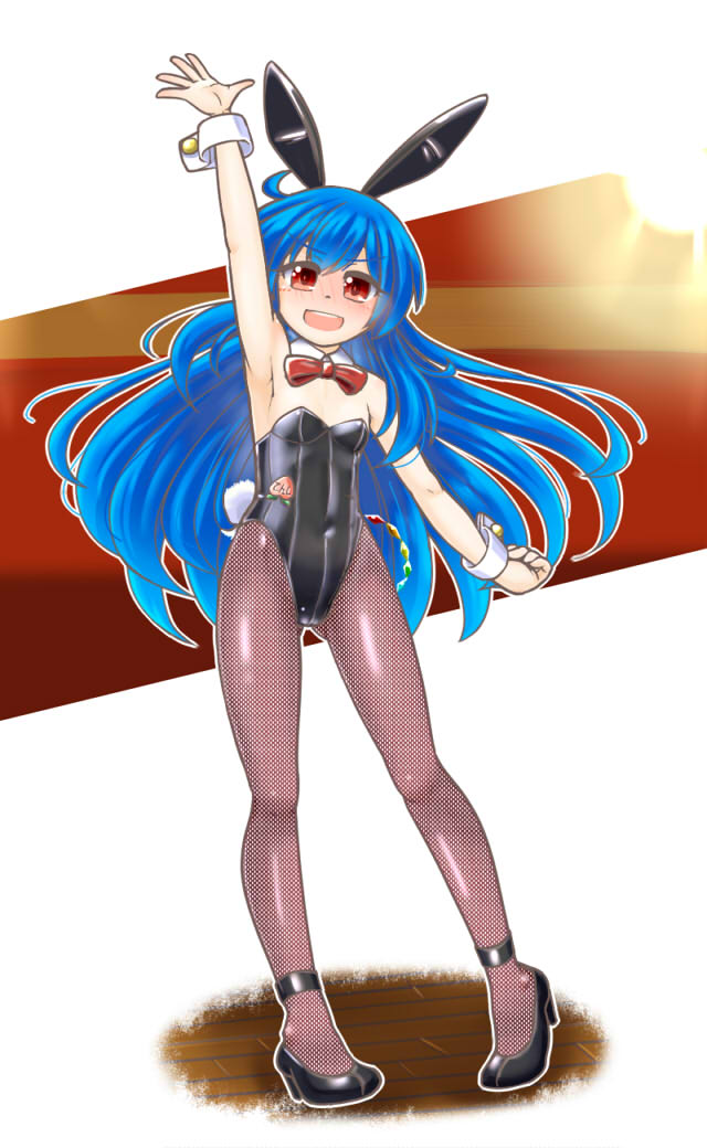 animal_ears arm_up black_footwear black_legwear black_leotard blue_hair bow bowtie bunny_ears bunny_girl bunny_tail bunnysuit covered_navel detached_collar fishnet_pantyhose fishnets flat_chest full_body hinanawi_tenshi leotard long_hair mail_(mail_gell) pantyhose red_eyes red_neckwear solo strapless strapless_leotard tail touhou wrist_cuffs