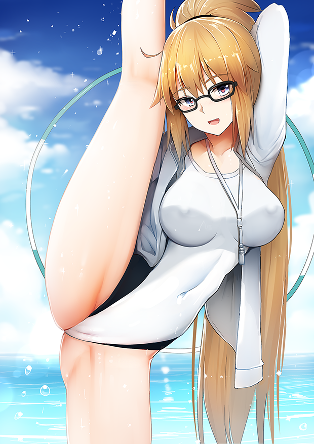bespectacled black-framed_eyewear blonde_hair blue_eyes blue_sky cameltoe cloud competition_swimsuit covered_navel covered_nipples cowboy_shot day fate/grand_order fate_(series) ginhaha glasses heart heart-shaped_pupils hood hooded_jacket hoop jacket jeanne_d'arc_(fate)_(all) jeanne_d'arc_(swimsuit_archer) leg_up long_hair looking_at_viewer one-piece_swimsuit outdoors ponytail sky solo split standing standing_on_one_leg standing_split swimsuit symbol-shaped_pupils very_long_hair white_jacket white_swimsuit