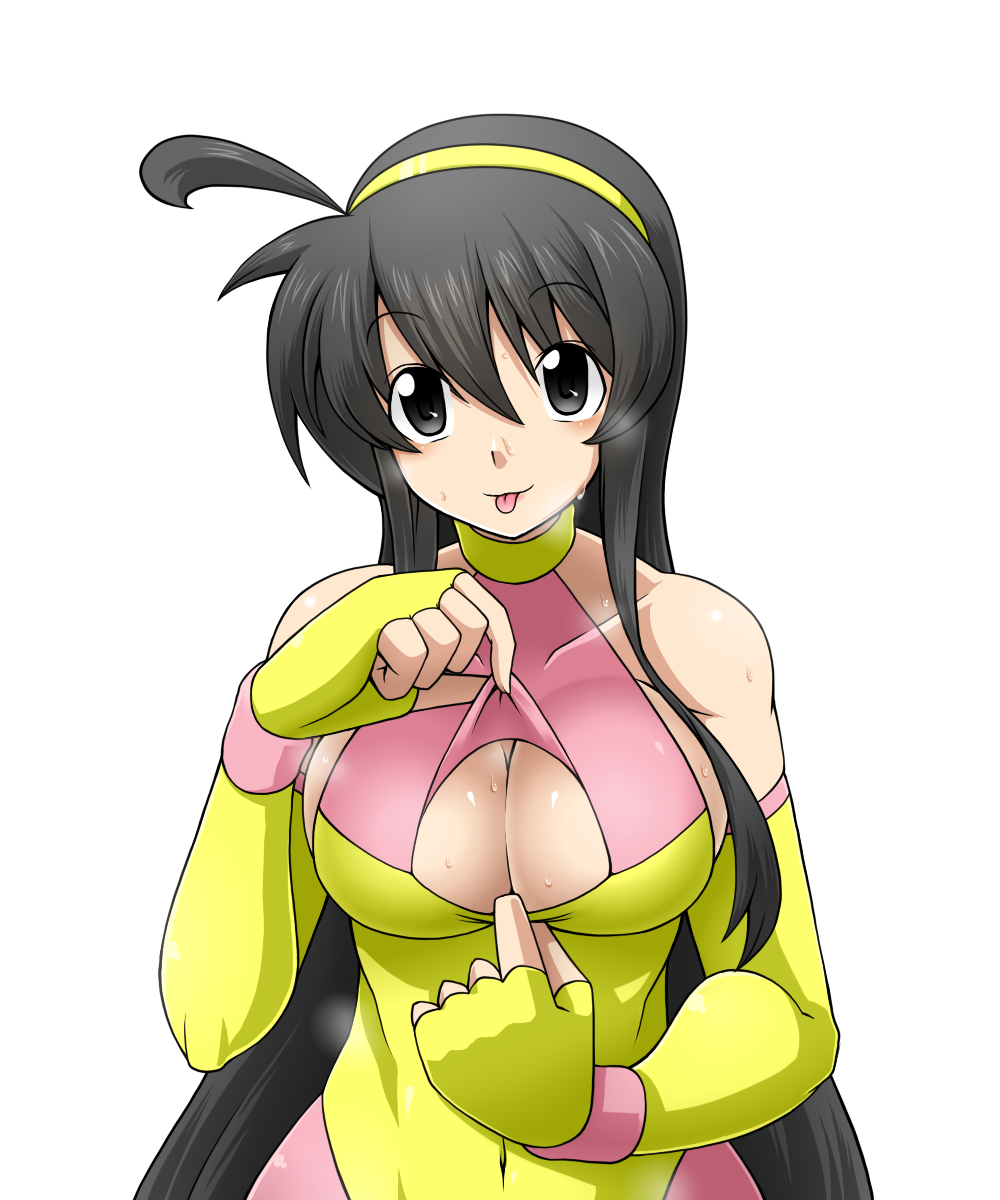 ahoge bangs bare_shoulders black_eyes black_hair breasts cleavage cleavage_cutout collarbone commentary_request elbow_gloves eyebrows eyebrows_visible_through_hair fingerless_gloves gloves hairband heavy_breathing highres large_breasts leotard long_hair looking_at_viewer multicolored multicolored_clothes multicolored_gloves multicolored_leotard ninoita_rina original paizuri_invitation pixiv_wrestling_association presenting sakasa_gurasan smile solo standing sweat sweatdrop tongue tongue_out upper_body white_background wrestling_outfit yellow_hairband