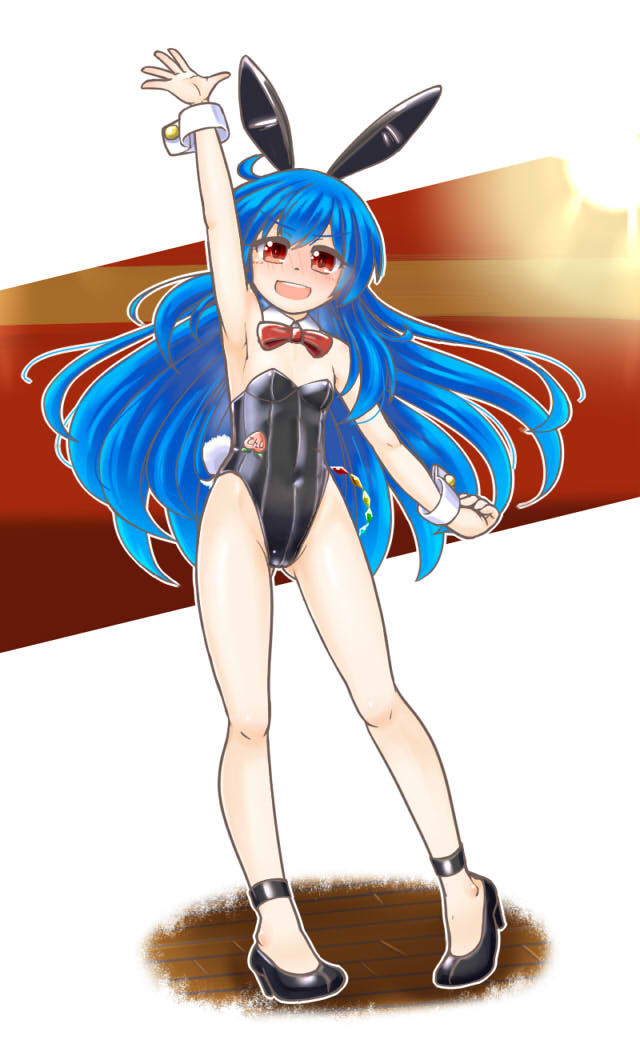 animal_ears arm_up black_footwear black_leotard blue_hair bow bowtie bunny_ears bunny_girl bunny_tail bunnysuit covered_navel detached_collar flat_chest full_body hinanawi_tenshi leotard long_hair mail_(mail_gell) red_eyes red_neckwear solo strapless strapless_leotard tail touhou wrist_cuffs