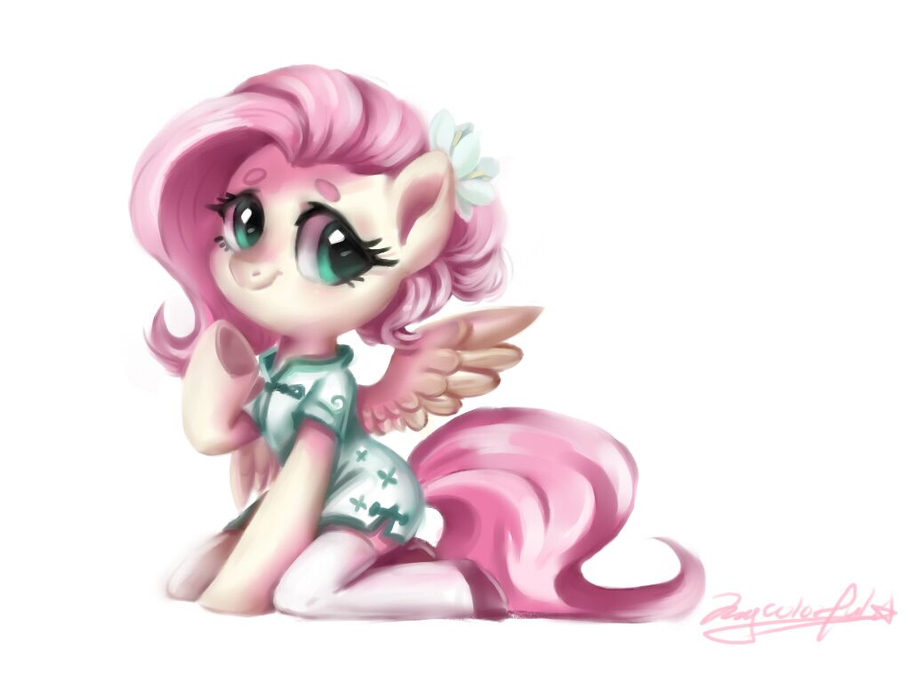 2018 chinese_clothing chinese_dress clothed clothing cute dress equine eyebrows eyelashes feathered_wings feathers female feral flower flower_in_hair fluttershy_(mlp) footwear friendship_is_magic fully_clothed hair hooves legwear looking_at_viewer mammal my_little_pony oofycolorful pegasus pink_hair plant portrait shoes signature simple_background smile solo stockings teal_eyes thigh_highs white_background wings yellow_feathers