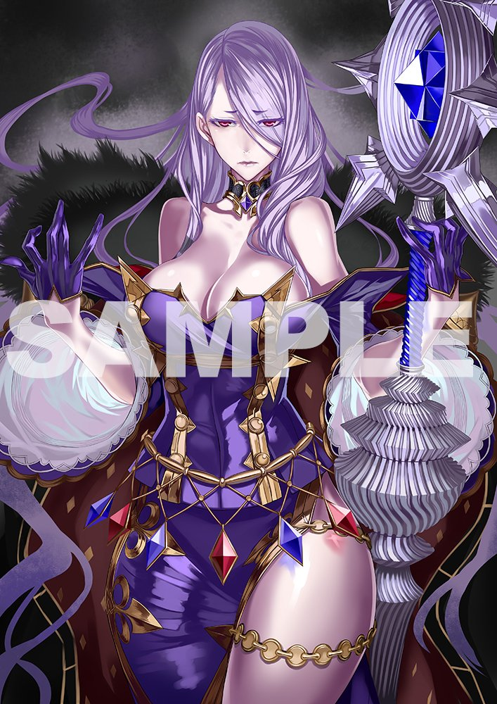 asymmetrical_clothes bare_shoulders breasts cape cleavage closed_mouth crymaria_levin detached_collar dress eyebrows_visible_through_hair eyes_visible_through_hair facing_viewer fur_cape gloves holding_lance honjou_raita jewelry large_breasts long_hair looking_at_viewer official_art pale_skin purple_dress purple_gloves purple_hair red_eyes sample senjou_no_valkyria senjou_no_valkyria_4 strapless thigh_strap thighs