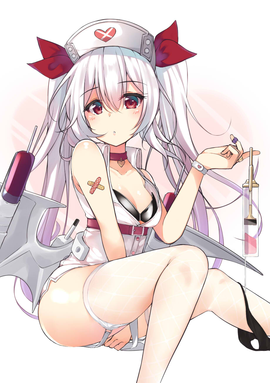 azur_lane bandaid_on_arm bandaid_on_finger bangs bare_shoulders between_legs bikini_top black_bikini_top black_panties breasts collarbone collared_dress commentary dress eyebrows_visible_through_hair garter_straps hair_between_eyes hair_ribbon hand_between_legs hat heart highres long_hair looking_at_viewer miya_ur nurse_cap panties panties_around_one_leg parted_lips red_eyes red_ribbon ribbon silver_hair sleeveless sleeveless_dress small_breasts solo syringe thighhighs twintails underwear vampire_(azur_lane) very_long_hair white_dress white_hat white_legwear