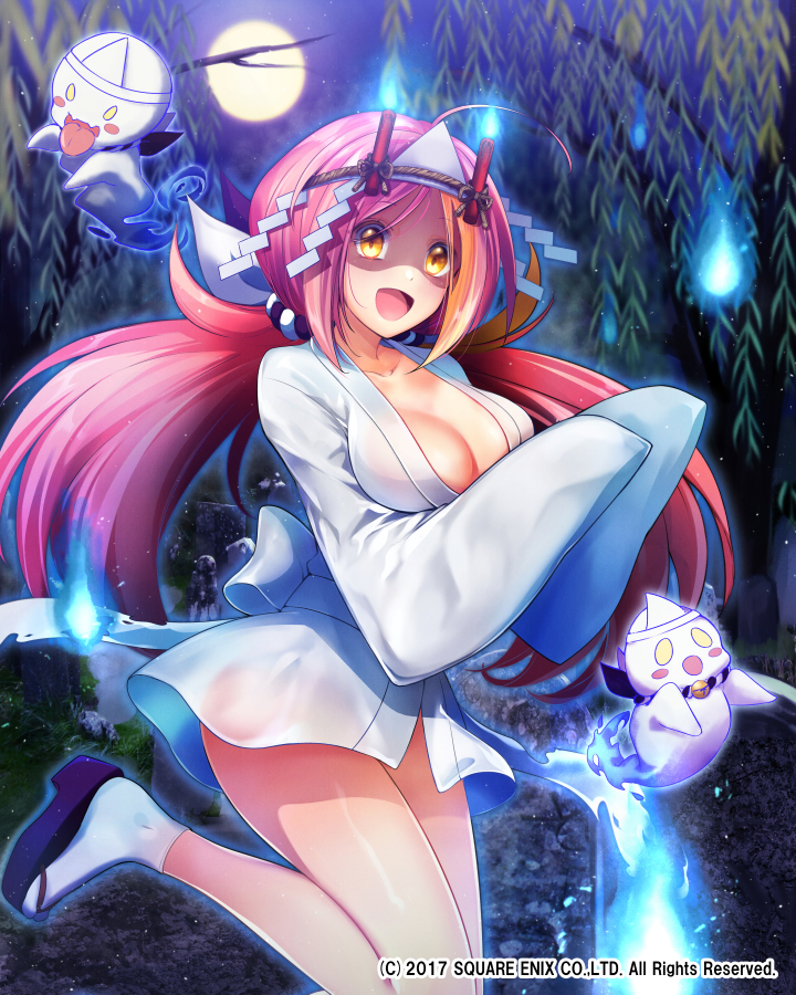 :d ahoge breasts cleavage full_moon ghost hitodama ittokyu large_breasts long_hair looking_at_viewer moon night night_sky official_art open_mouth pink_hair shide sky smile solo standing standing_on_one_leg tree venus_rumble watermark white_legwear wide_sleeves yellow_eyes